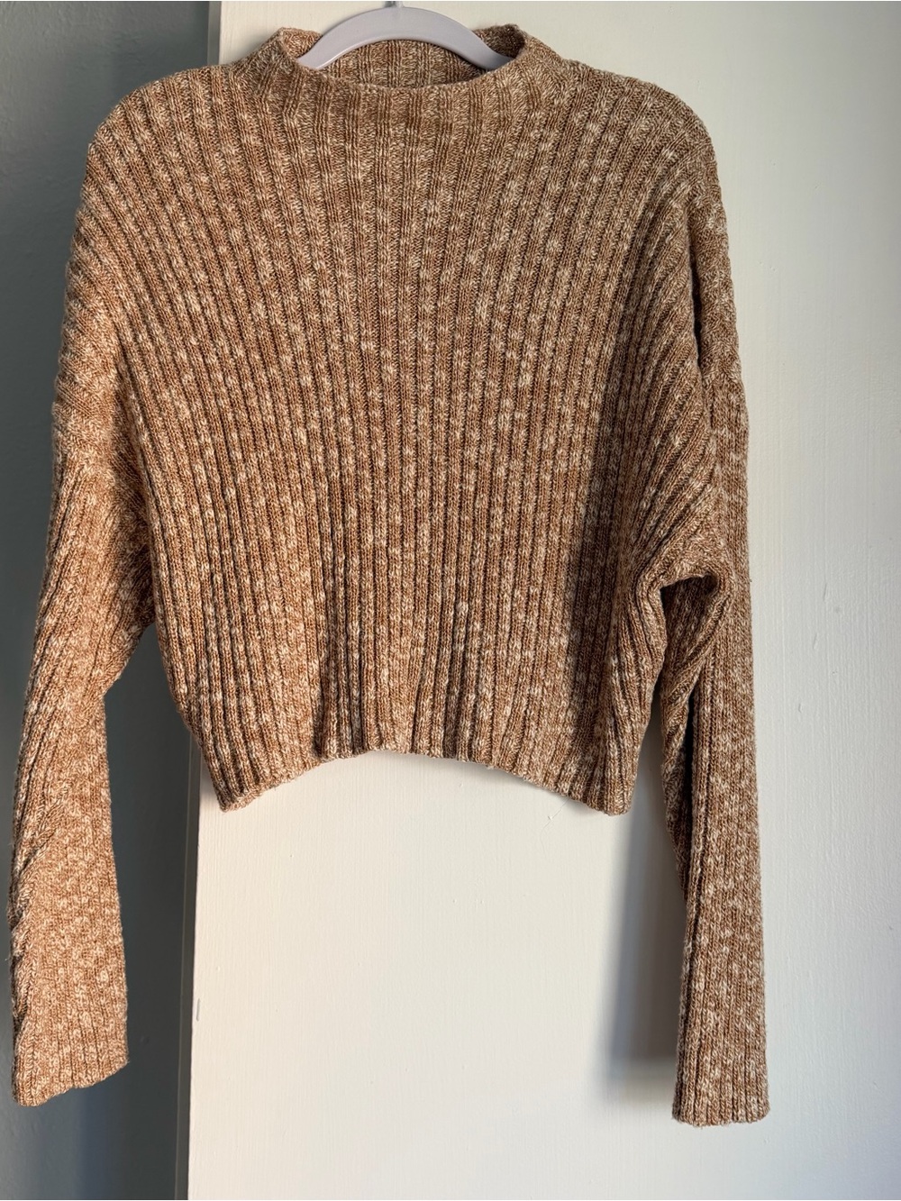 Cropped Ribbed Turtleneck Sweater - Brown Marled